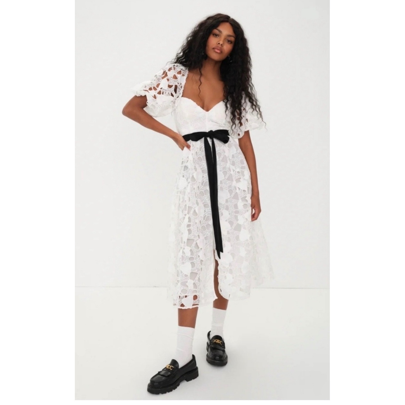 For Love & Lemons Marlene Heart Embroidered White Midi Dress Small